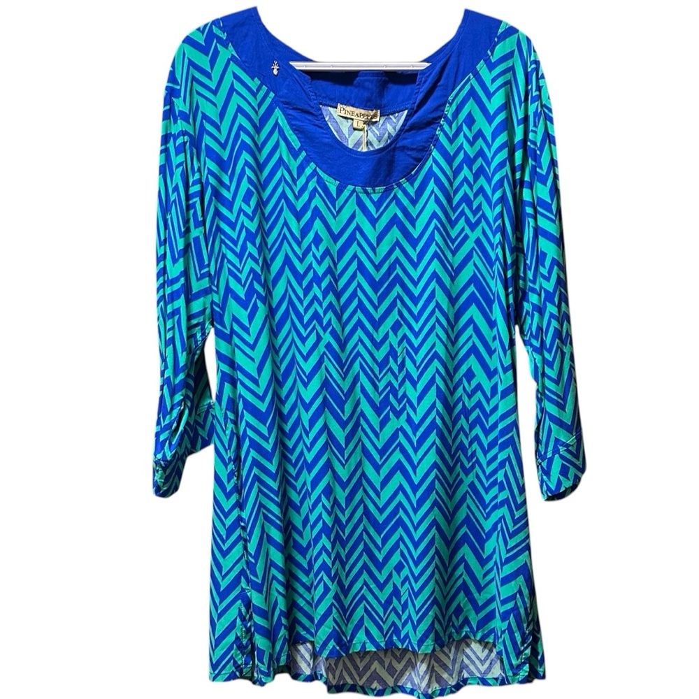 EUC Pineapples Cato Blue and Green Chevron Tunic